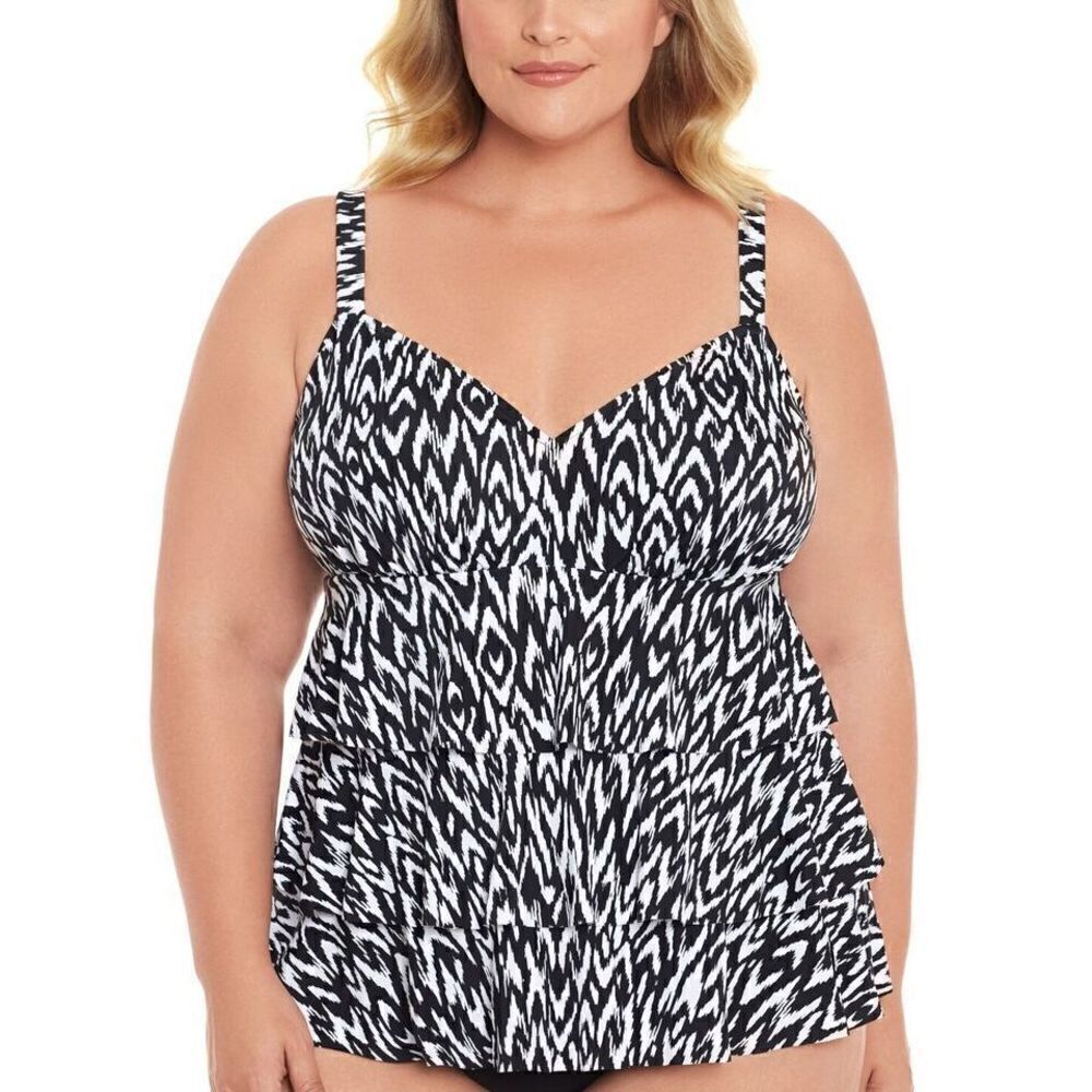 1498 Swim Solutions Mod Eclectic Tummy-Control One-Piece Fauxkini Black 18 new